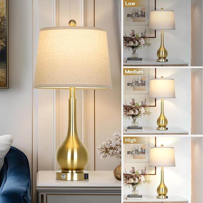 26" Gold Table Lamp for Living Room Single, Touch Control Bedroom Lamps for Nightstand, 3-Way Dimmable Bedside Lamp with USB A+C Port (1 Pack)