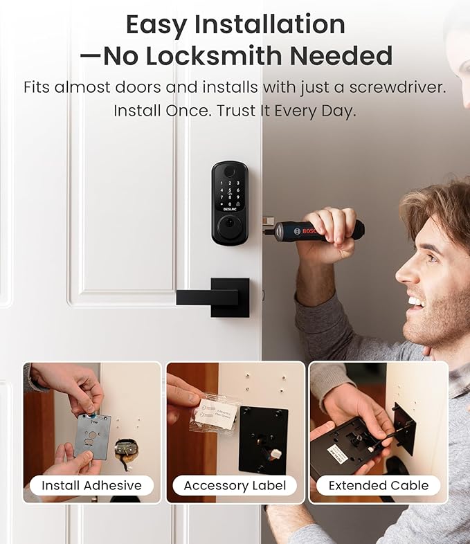DESLOC B200 Fingerprint Smart Lock with 2 Lever Handles, Keyless Entry Front Door Lock Set, Electronic Keypad Deadbolt, App Control, Auto Lock, Long Battery Life, Secure Home Access