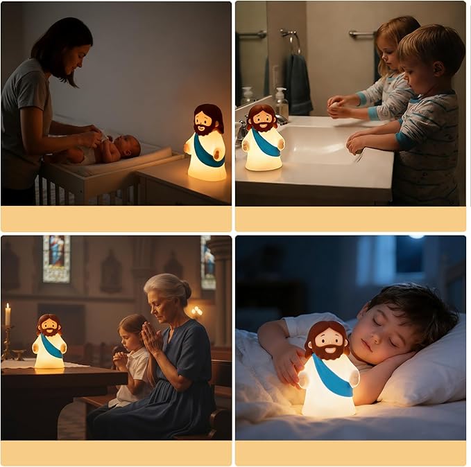 Little Jesus Night Light Mini Jesus Silicone Lamp Dimmable Nursery Nightlight for Kids Rechargeable Bedside Touch Lamp Perfect for Christmas, Easter and Baptism Gifts (Red)
