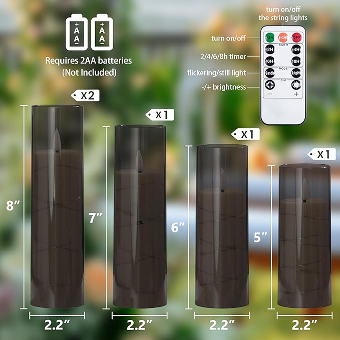 Flameless Flickering 2.2" x5" 6" 7" 8" 8" Candles, LED Battery Operated Grey Clear Plastic Timer Pillar Realistic Wick Candles (Long Lasting 600 Hrs, Pack of 5)