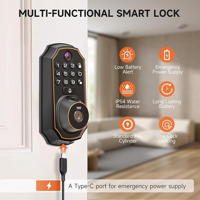 Smart Door Lock with Camera Fingerprint Keyless Entry Door Lock Electronic Deadbolt with Keypad Code, App Remote Control, Auto Unlock for Front Door
