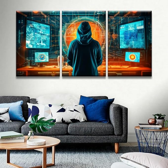 LSIUHWUWI Wall Art for Living Room 3 Panel Cybersecurity, Phishing, Cybercrime Pictures Posters Contemporary Wall Decor for Home Office Hotel Wall Wooden Framed Ready to Hang 16x24inchx3