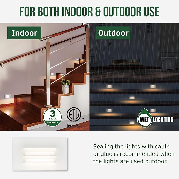 GKOLED 120V 110LM Dimmable LED Step Lights Indoor Outdoor, 3.5W Anti Glare Stair Lighting with Horizontal Louvered Faceplate, Waterproof, 3000K Warm White, Aluminum White Finish, ETL Listed, 6 Pack