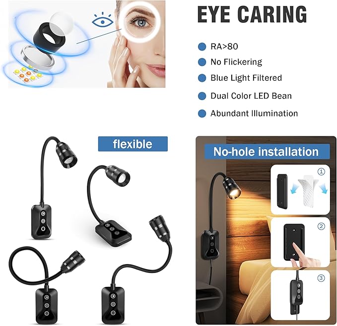 2 Pack Wall Mounted Headboard Reading Light, LED Dimmable Touch Control, Adjustable Neck, Ideal for Bedside, Office, or Reading（White）