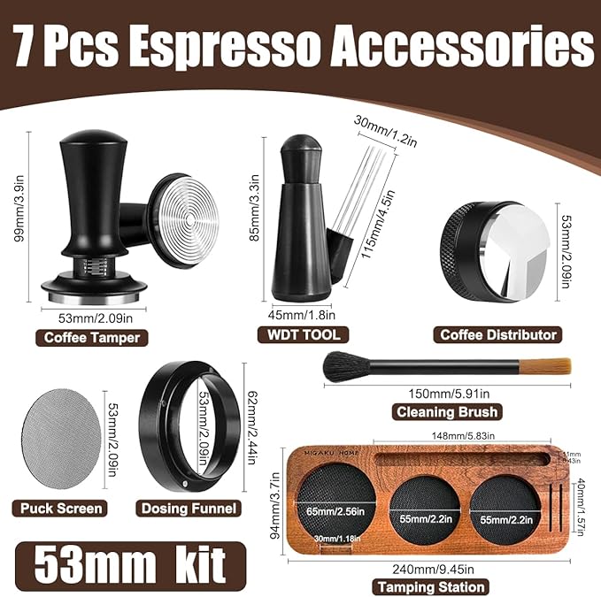 7 PCS Espresso Accessories Kit, Espresso Tamping Station, Coffee Tamper, Coffee Distributor, WDT Tool, Puck Screen, Dosing Funnel, Cleaning Brush, Barista Tools Set (53mm)