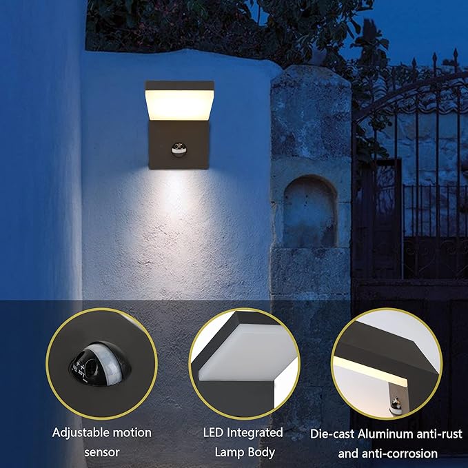 2 Pack Outdoor Motion Sensor Wall Sconce Light LED Modern Exterior Porch Light Fixture IP54 Waterproof for House Garage Patio Decoration,1800LM