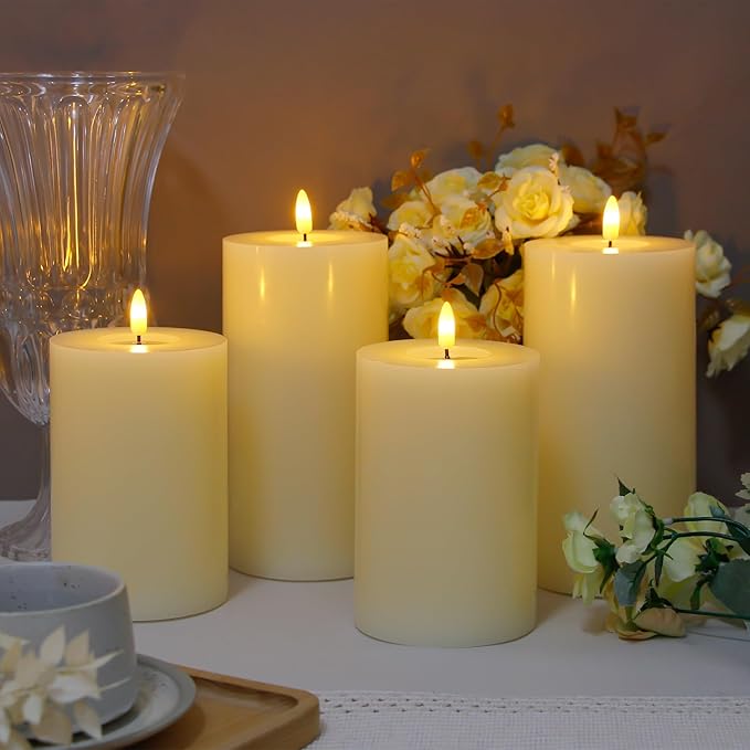 Flameless Flickering 4" x6" Real Wax Ivory Remote Candles with Candle Grease, Pack of 2 Timer LED Battery Operated Fake Warm Light Pillar Candles for Home, Banquet, Ceremony Decoration