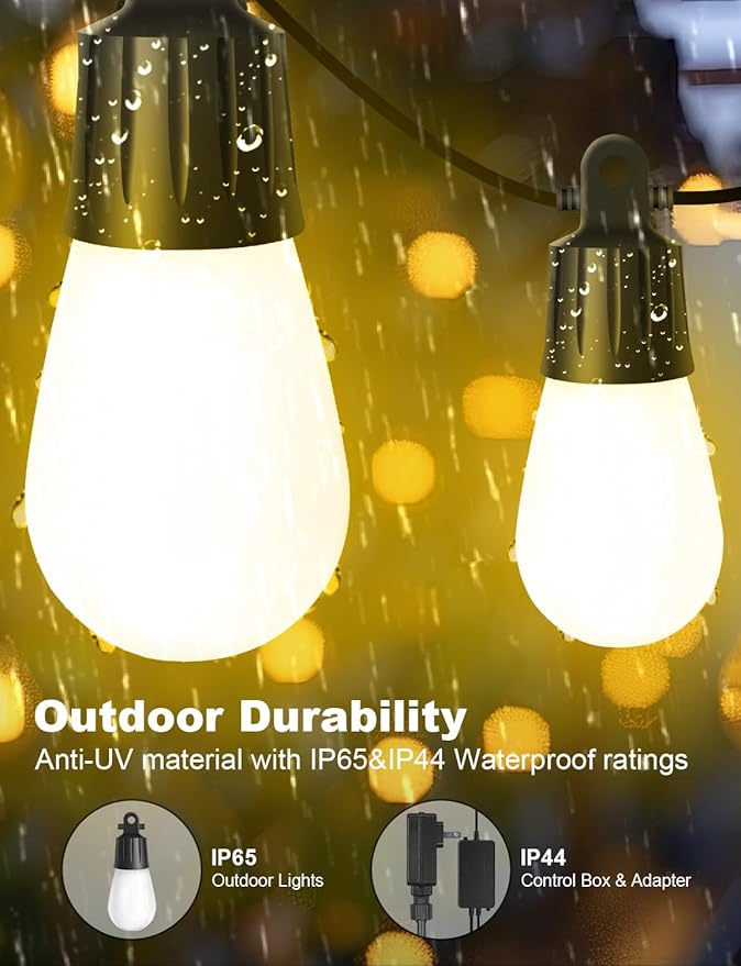 Outdoor String Lights APP Control with Remote, 64(52+12) ft RGB+IC+Warm White Outdoor Lights 18 LED Bulbs Music Sync for Garden Party Decor Christmas