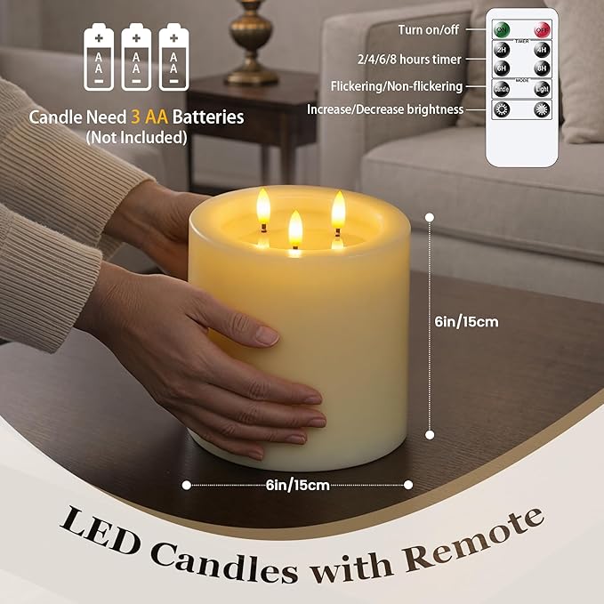 3-Wick 6"x6" Extra Large Real Wax Flameless Pillar Candles with Remote Control and Timer Function, Candle Grease Ivory Battery Operated LED Flickering 3D-Wick (Long Lasting, Warm Fire)