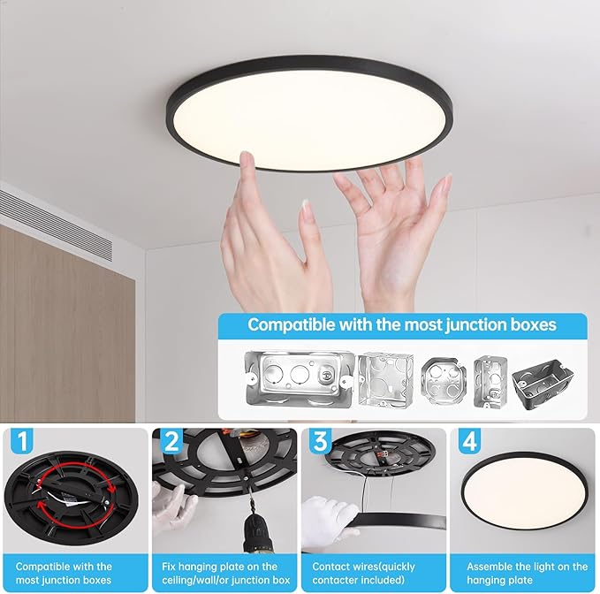 20 Inch Large LED Flush Mount Ceiling Light Fixture,45W,4600LM,3000K/4000K/6000K CCT Selectable,0.9 inch Super Slim Round Ceiling Light for Bedroom,Hallway,Kitchen (Dimmable Black 1PK)