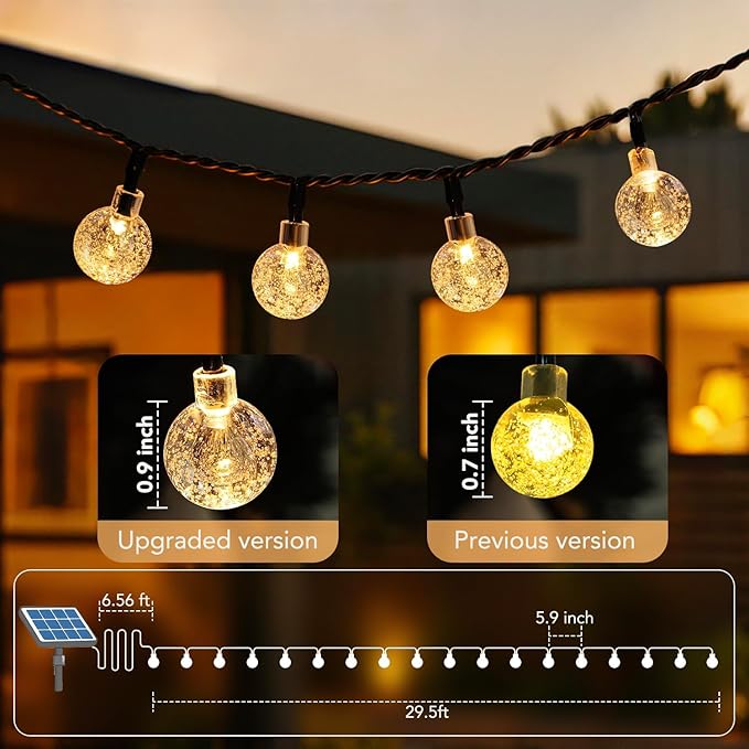 Metaku 2 Pack Solar String Lights for Outside, Total 72FT 120 LED Crystal Globe String Lights, Solar Powered Outdoor Lights with 8 Lighting Modes, Patio Light for Garden, Camping and Party Warm White