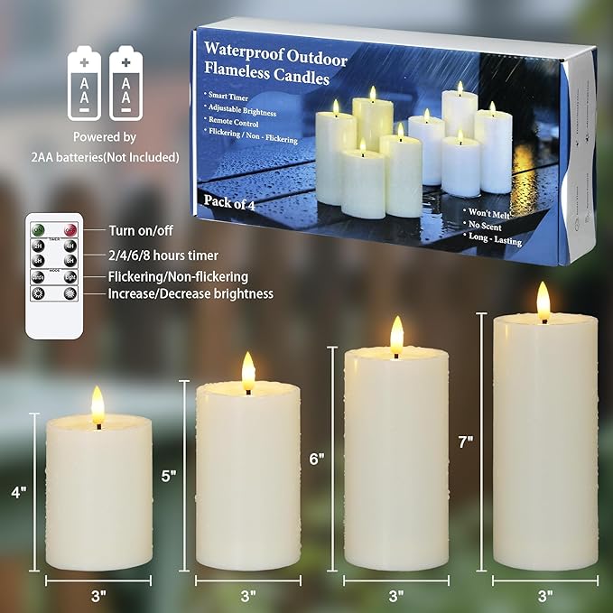 Outdoor 4pcs Flameless Waterproof Candles with Handy Remote Control, Cycle Timer Battery Operated Candle Grease Effect LED Flickering Pillar Plastic Long Lasting (Ivory, 3" x4" 5" 6" 7")
