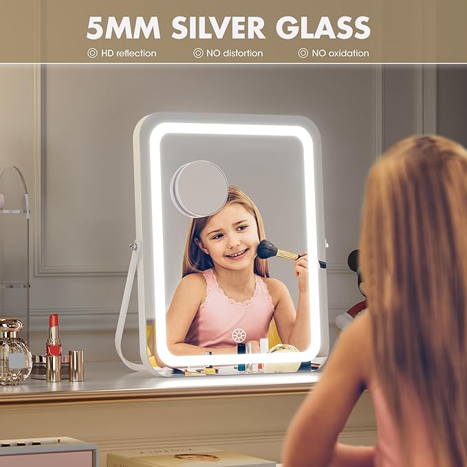 Hasipu Vanity Mirror with Lights, 11" x 14" LED Makeup Mirror, 3 Modes Light, Smart Touch Control Dimmable, 360°Rotation, Rectangle White Frame, with 5X Magnifying Glass