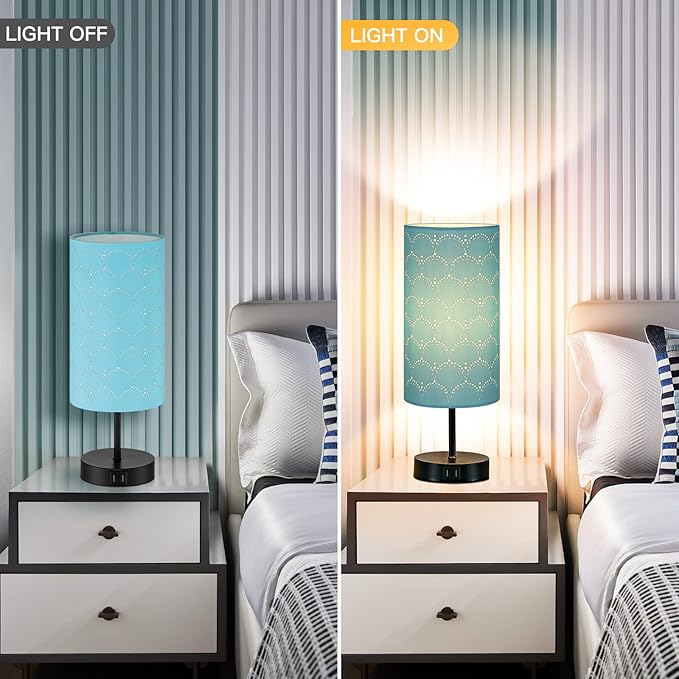 Touch Control Bedside Lamp with 2 USB Ports, 3-Way Dimmable Table lamp for Bedroom, Nightstand Lamp with Round Blue Fabric Shade for Living Room Home Office (E26 LED Bulb Included)