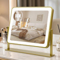 Rechargeable Vanity Mirror with Lights, 3000mAH Battery, 14"×12" LED Makeup Mirror, 10X Magnification, Smart Touch with 3-Color Lighting, 360° Rotation, Lighted Up for Makeup Desk, Bedroom (Gold)