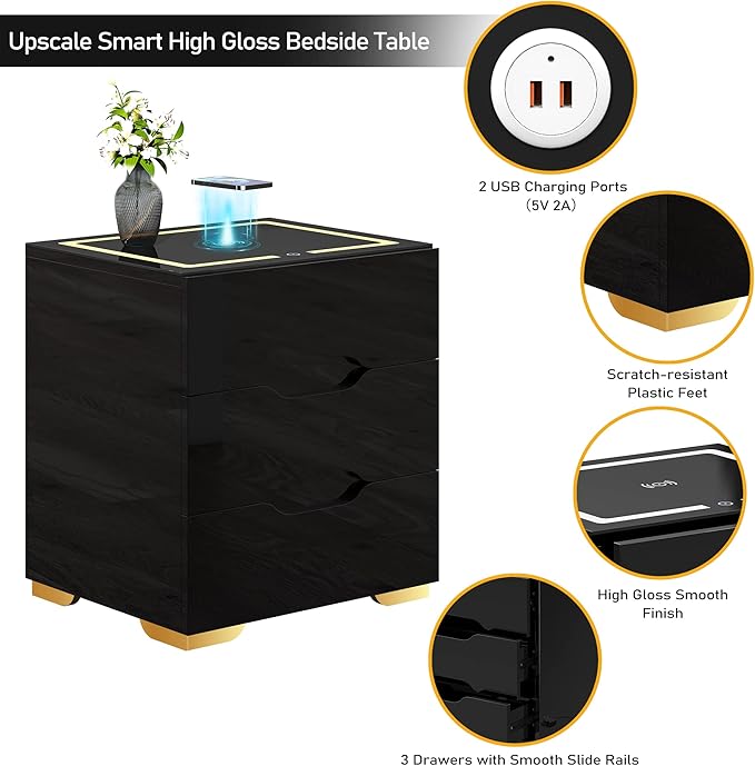 Black Smart Nightstand with Wireless Charging Station & USB Charging, High Gloss Smart Bedside Table with Adjustable LED Lights, End Table Organizer for Bedroom Living Room Office Use
