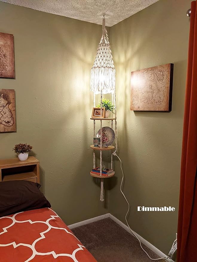 Boho Plug in Pendant Light Hanging Light with Plug in Cord,Dimmable Switch Hanging Lamp Macrame Lamp Shade and Plant Holder Shelf Indoor for Bohemian Decor Bedroom Corner Living Room