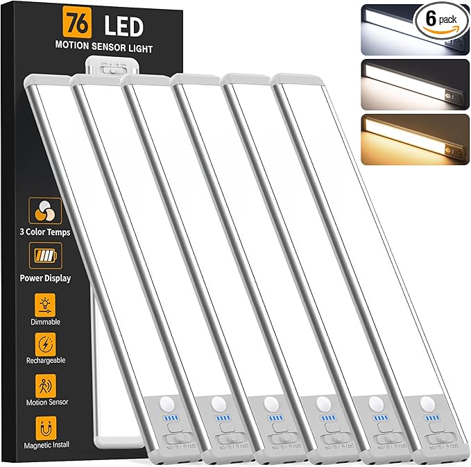 Under Cabinet Lighting Wireless, Rechargeable Motion Sensor Light Indoor, 3 Color Dimmable Closet Light Battery Operated with LED Power Display, Magnetic Under Counter Lights for Kitchen, Home (6Pack)