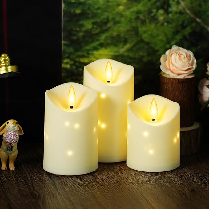 Outdoor Waterproof Flickering Flameless Candles with Embedded Star String,3Pcs LED Pillar Candles Battery Operated with Remote and Timers for Courtyard,Porch,Camping,Holiday Decoration(Ivory)
