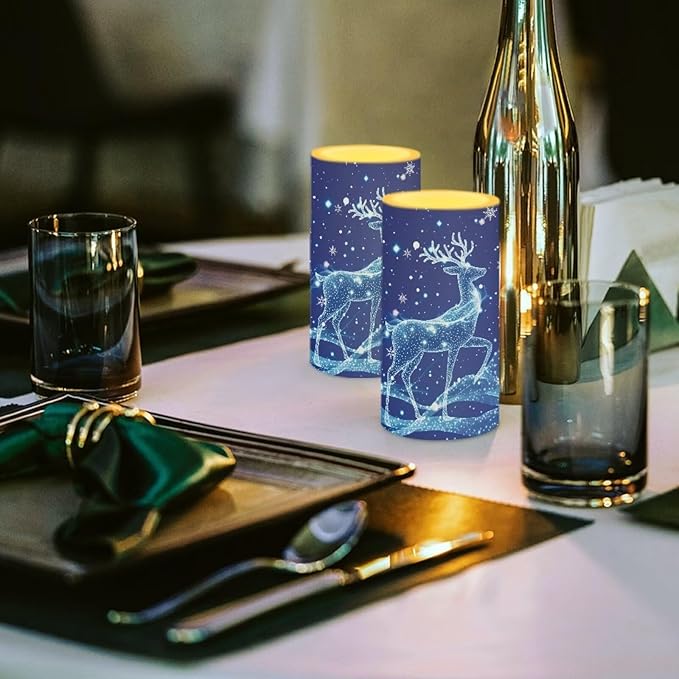 Christmas Bedroom Decor LED Candles with Remote Deer Patterns Flameless Pillar Candles Battery Operated with 18-Key Remote Timer for Home Indoor Room Decor Xmas Table Decorations