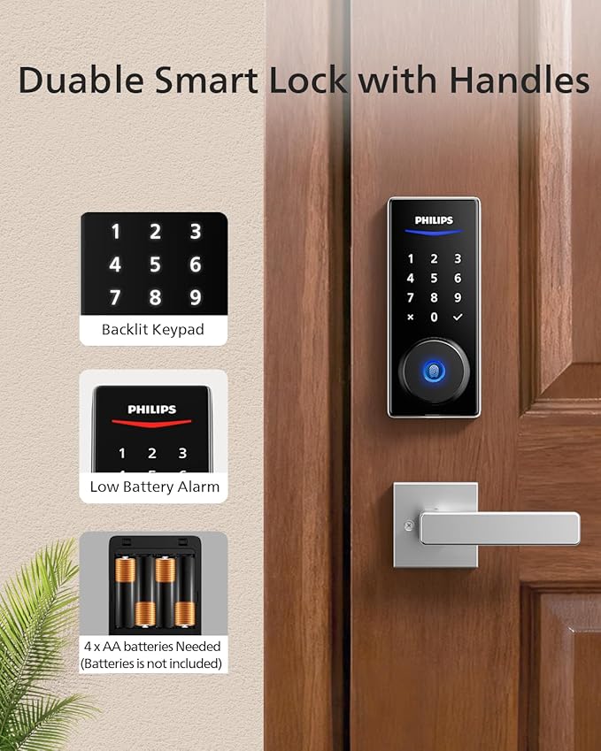 Philips Smart Lock with Handles, Keyless Entry Door Lock Set, Keypad Door Lock with 2 Level Handles, Digital Keypad Deadbolt for Front Door, App Fingerprint PIN Code Unlocking, Auto Locking