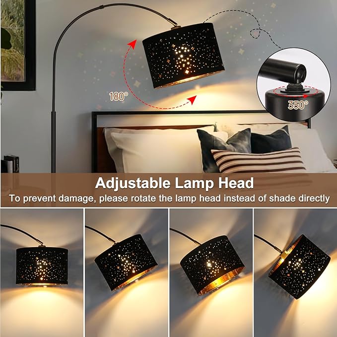 Modern Arc Floor Lamp, Tall Pole Lamp with Black Stars Lampshade, Arched Reading Light with Adjustable Lamp Head, Over Couch Hanging Light Corner Lamp for Living Room, Bedroom, Office, Black