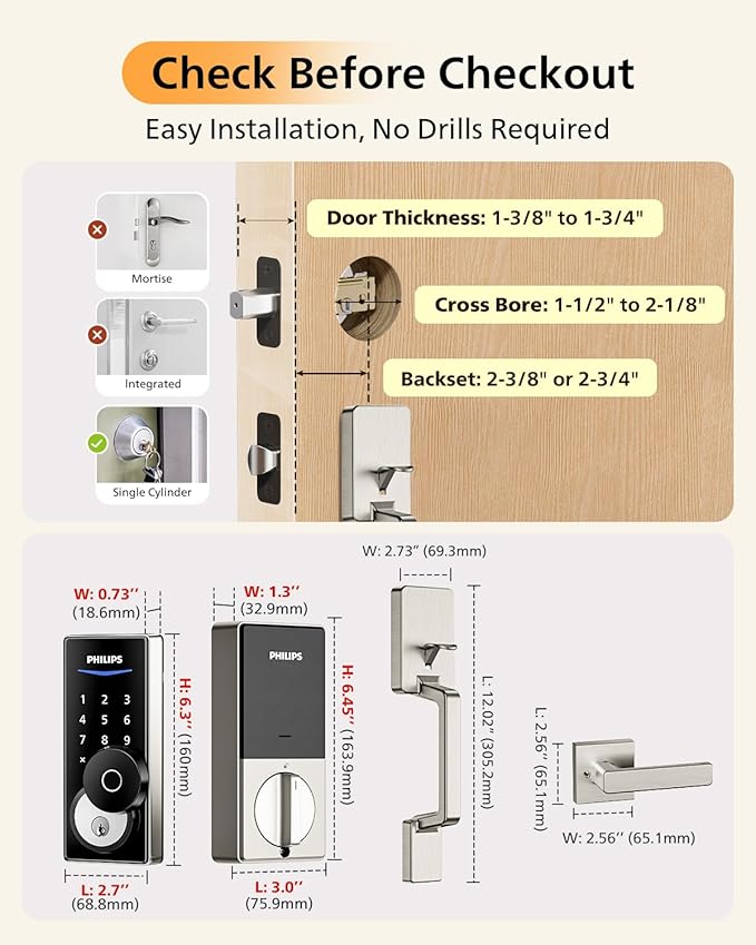 Philips WiFi Smart Lock with Front Door Handle Set, Built-in WiFi, APP Remote & Voice Control, Fingerprint Keyless Entry Door Lock, Keypad Deadbolt Smart Locks for Front Door, Auto-Lock, Satin Nickel