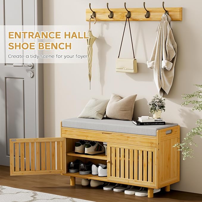 Shoe Storage Bench Coat Rack Set, 35.4" Bamboo Shoes Bench with Lift Top Hidden Storage & Wall Hooks, Hall Tree Entryway Bench with Seat Cushion, 2-Tier Shoe Cabinet for Entryway, Living Room, Bedroom