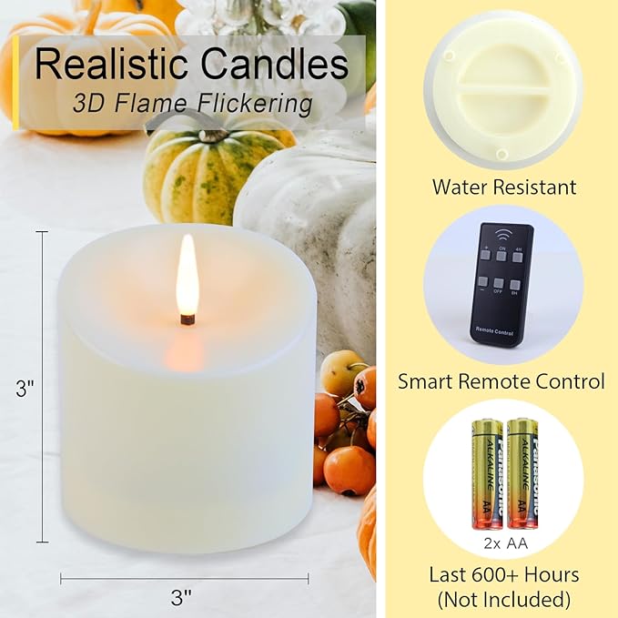 3"x3" Flickering Flameless Candles Waterproof, Battery Operated Candles with Remote Timer, Last 600 Hours Electric Fake LED Candles for Halloween Christmas Decoration, Ivory White, Set of 6
