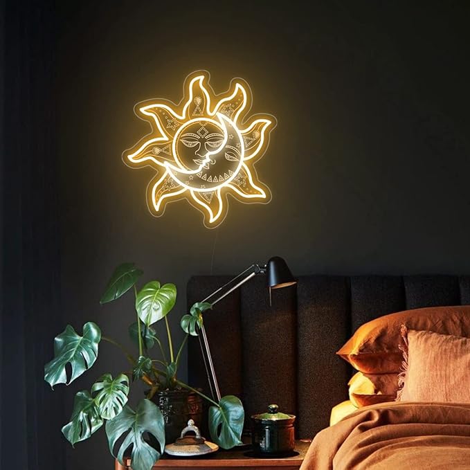 Sun Moon Neon Sign - Retro Vintage Funny Psychedelic Mystic Burning Led Neon Light, Handmade Aesthetic 3D Engraving Night Lamp for Wall Decor Bedroom Birthday Gift Home Party - 15''