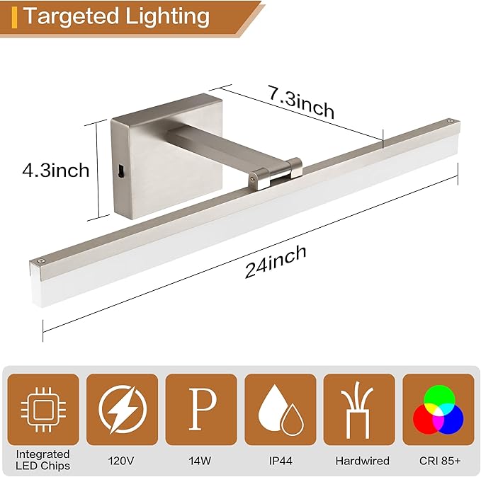 SOLFART Vanity Lights for Bathroom: 24 Inch Bathroom Lighting Fixtures Over Mirror- Brushed Nickel 6000K LED Hardwired Adjustable 180 Degree Light Bar IP44 ETL