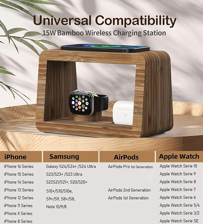 Bamboo Charging Station for Multiple Devices, 15W Fast Wireless Charger Night Light with 3 Color& 4 Adjustable Brightness, Night Stand Charger Station for iPhone/iWatch/AirPods (6953)
