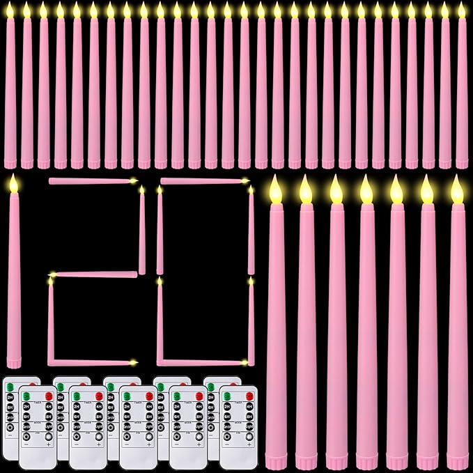 Baquler 120 Pcs Flameless Taper Candles with Remote and Timer 11" Battery Operated Candlesticks LED Flickering Faux Candles Warm Light for Wedding Holiday Party Home Decor (Pink)