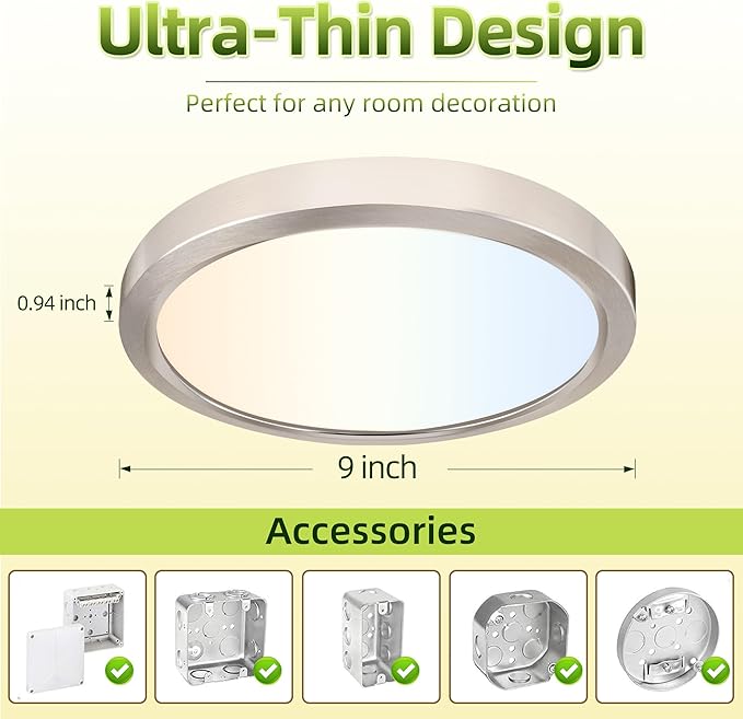 hykolity 9 Inch Selectable CCT LED Round Flat Panel Light, 18W 1800LM 3000K/4000K/5000K, Edge-Lit Flush Mount Ceiling Light Fixture for Kitchen, Bedroom, Laundry and Closet Room, Brush Nickel