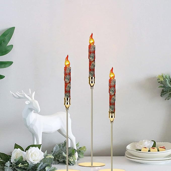 Day of The Dead Style Skull Flameless Short Taper Candles, Drip LED Battery Operated with Remote, Flickering Flame Lights for Home Décor, 6.7 Inch Primitive Flameless Print Candles, 4PCS
