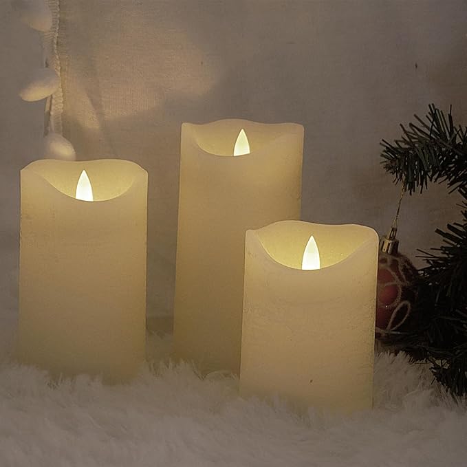 Flameless Candles Flickering Set of 3 (D 3’’ x H 4’’ 5’’ 6’’) Real Wax Battery Operated LED Candle with Timer Home Decorative Pillar Lights,Wedding Party Events Decor,White