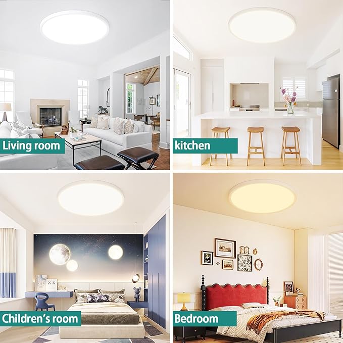 16 Inch LED Flush Mount Ceiling Light – 32 W 3200 LM Dimmable, 3-CCT Changeable (3000K/4000K/6500K), Ultra-Thin Modern Round Light Fixture for Kitchen, Dining Room, Bedroom, Office