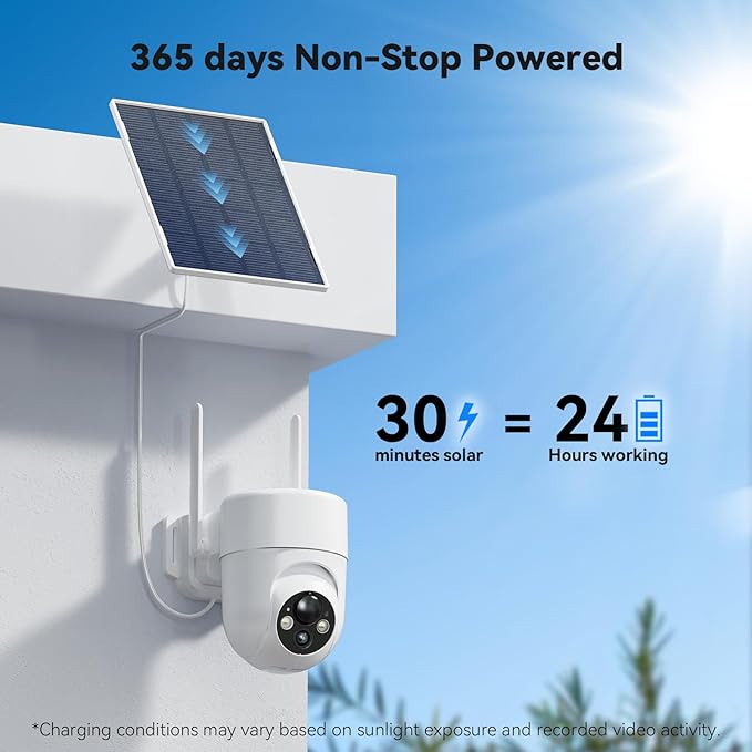 Solar Camera Outdoor Wireless, 2K Color Night Vision, Security Cameras Wireless Outdoor with 360°View, 4X Zoom, Battery Powered, 2.4GHz WiFi Solar Camera, PIR Alarm, IP65 Weatherproof, 2pack