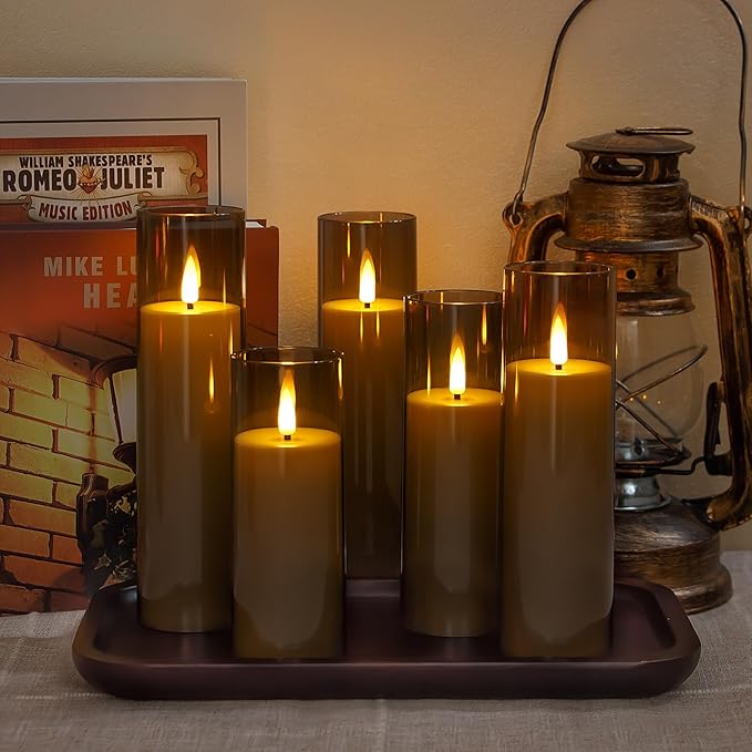 Acrylic Flameless Flickering Candles with Remote Control and Timer, Battery Operated LED Fake 2.2" x 5",6",7",8",8" Plastic Pillar Candles for Home Decor(Long-Lasting, Grey)
