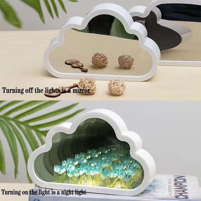 DIY Cloud Tulip Mirror Night Light, Simulation Flower Bedroom Cloud Tulip Table Lamp, Creative Home Decoration, Room Decor for Teen Girls (Blue)