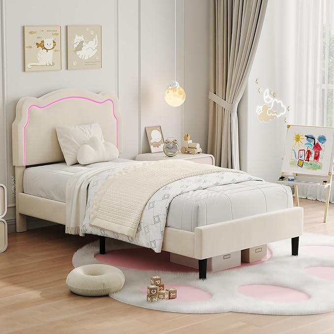 GarveeHome Twin Upholstered Smart LED Bed Frame with Headboard, Velvet Princess Platform Bed Frame for Kids, Wooden Slats Support, No Box Spring Needed (Beige)