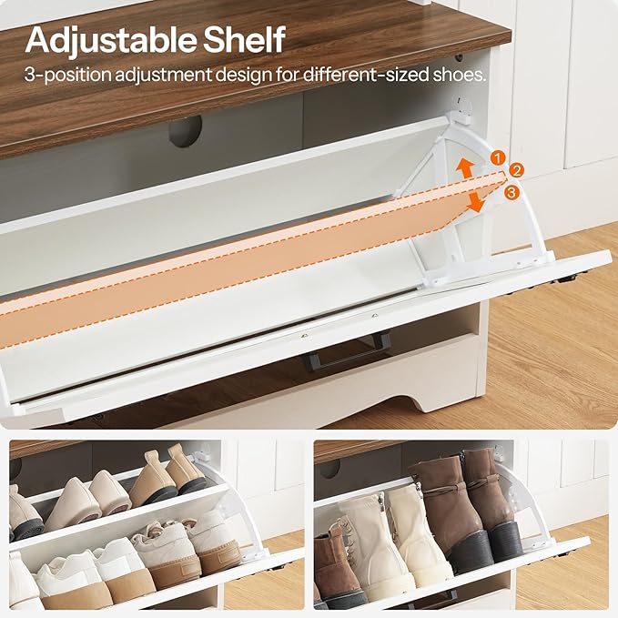 HOOBRO Hall Tree with Bench, Entryway Bench with Coat Rack and Shoe Cabinet, Flip Drawers, Farmhouse Hall Tree with Shoe Organizer, Mud Room, White and Walnut WH85MT01