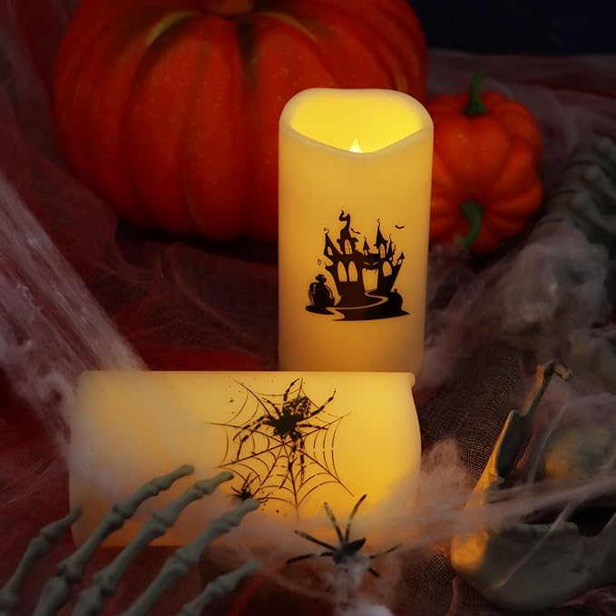 CANDLE CHOICE Outdoor Battery Operated Flameless Pillar Candles with Auto Daily Timer Waterproof Realistic Flickering Electric LED Lights with Spider Castle Decals Halloween Decorations 3”X6” 2 Pack