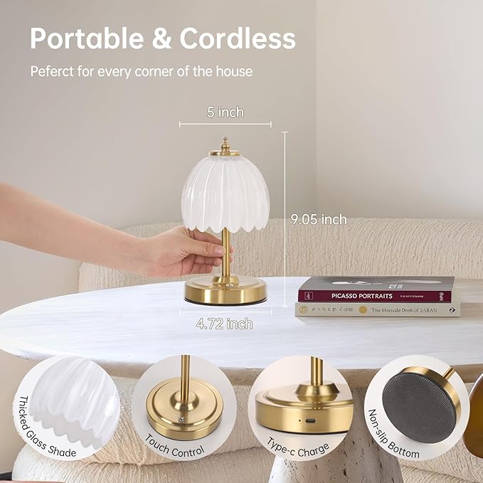 Set of 2 Tulip Table Lamp with 5200mAh Battery & Touch Control, Cordless Small Table Lamp with 3 Colors, Rechargeable Battery Operated Table Lamps for Nightstand, Bedroom (White Tulip)