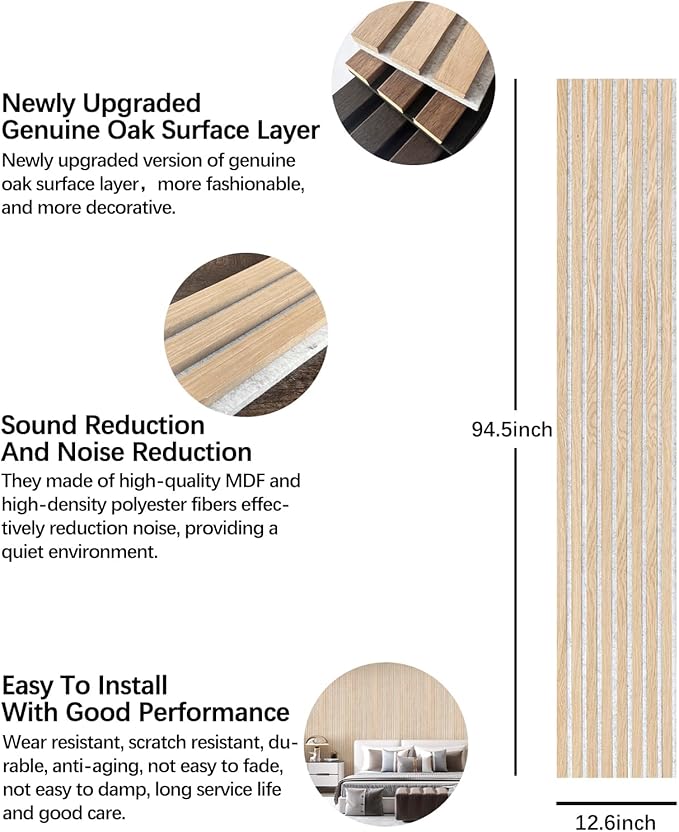Wood Slat Wall Panel - 2 PCS Slat Wall Paneling, Natural Oak Wood Veneer Sound Dampening Wall Panels - Wood Panels for Wall 12.6" W x 94.5" L
