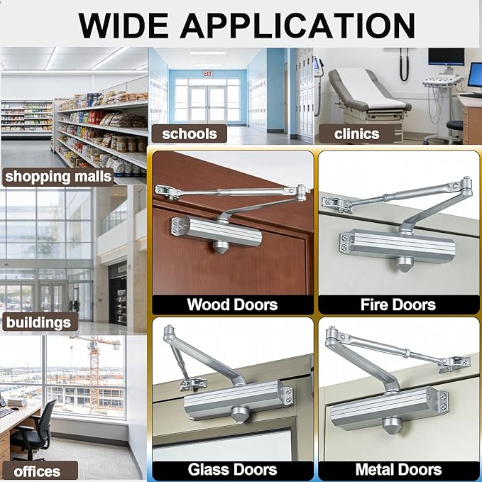 Grade 1 Commercial Door Closer, Heavy Duty Hydraulic Automatic Closer, Cast Aluminum, Self-Closing, Adjustable Size 1-6, UL Listed, ADA Compliant, 3 Mount Types, DC-5