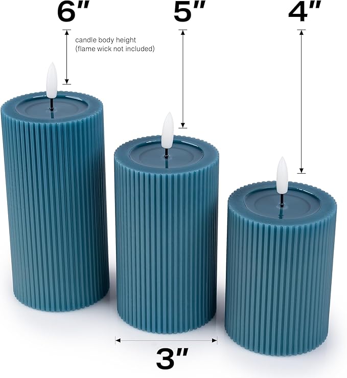 WYZworks Fluted Ribbed LED Pillar Candles, Blue, with Realistic Reflective Melted-Wax Effect – Flickering Flame, Remote, Dimmable, Flameless, Battery Operated, Home & Wedding Decor (Set of 3)