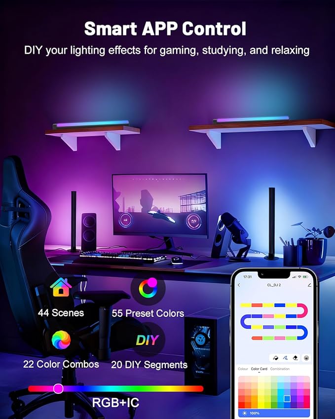 Smart RGB+IC LED Light Bars, 15 Inch Gaming Lights for TV Backlight, Color Changing Lights with Music Sync, 16 Million Colors, Works with Alexa & Google Assistant, 44 Dynamic Modes for TV Monitor Room