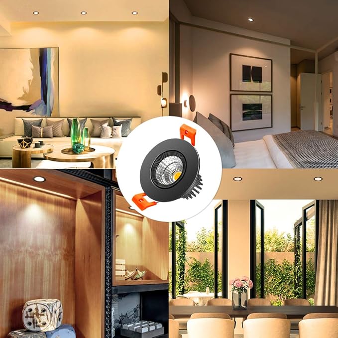 inShareplus 2 Inch LED Downlight, 3W Recessed Lighting COB Dimmable, 3000K Warm White, CRI80, Black Trim, Ceiling Lights with LED Driver, 1 Pack