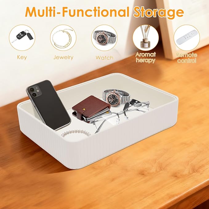 Nightstand Organizer Tray PU Desk Catchall Tray for Cologne, Perfume, Keys, Wallet, Phone, Watch, Jewelry & Sunglasses